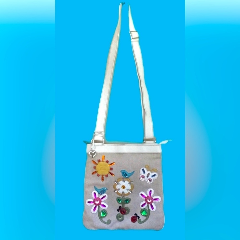 BRIGHTON By The Sea Floral Bird Sun Motif Crossbody Messenger Purse .